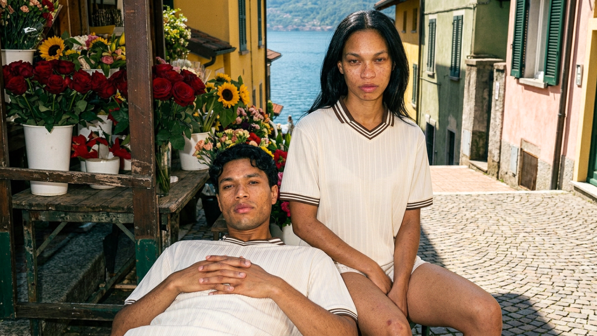 Two people sitting on a stone path with flowers and buildings in the background
