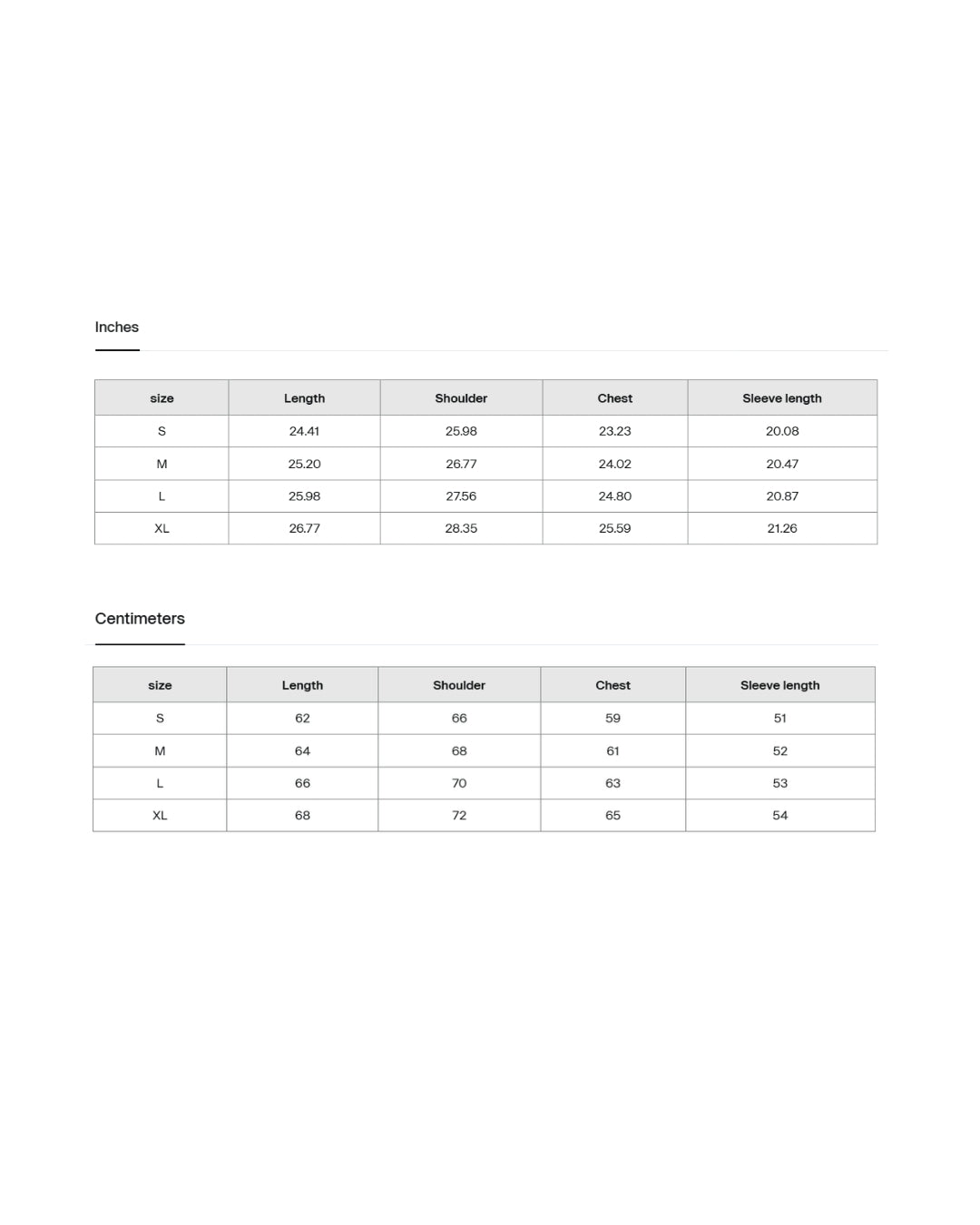 Measurement chart for clothing sizes in both inches and centimeters.