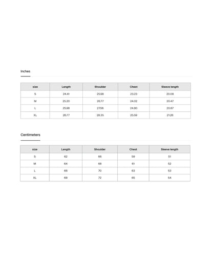 Measurement chart for clothing sizes in both inches and centimeters.