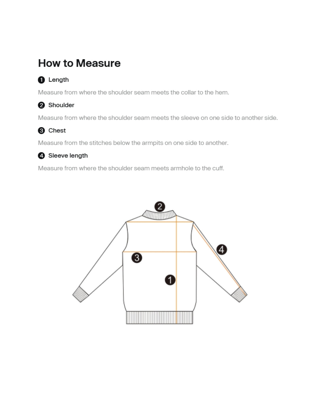 Measurement guide for a sweater with labeled parts on a white background