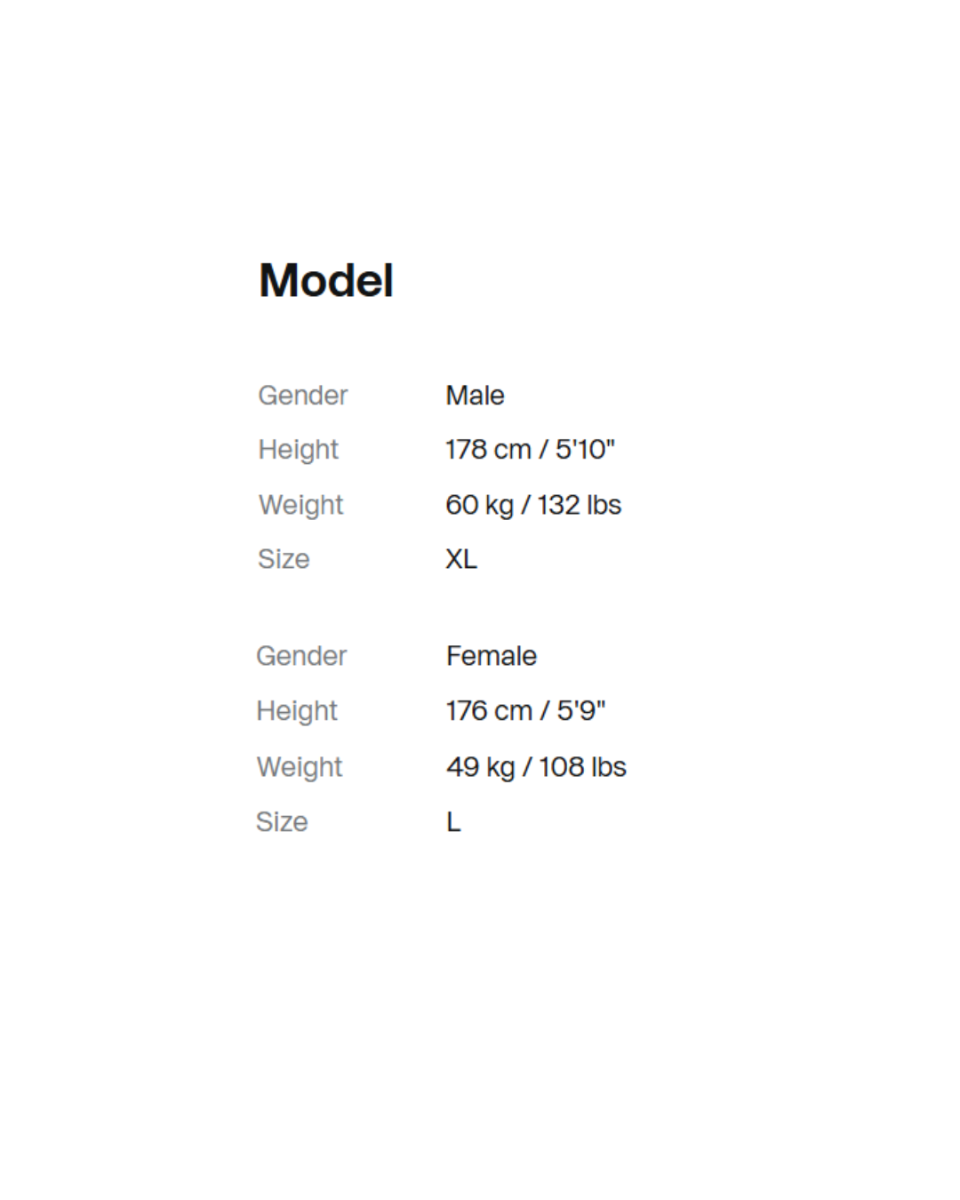 Model information card with height, weight, and size details for a male and female model.