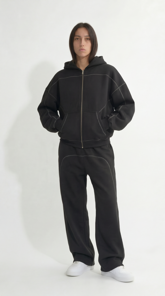 Contrast-Stitched Boxy Fleece Zip Hoodie