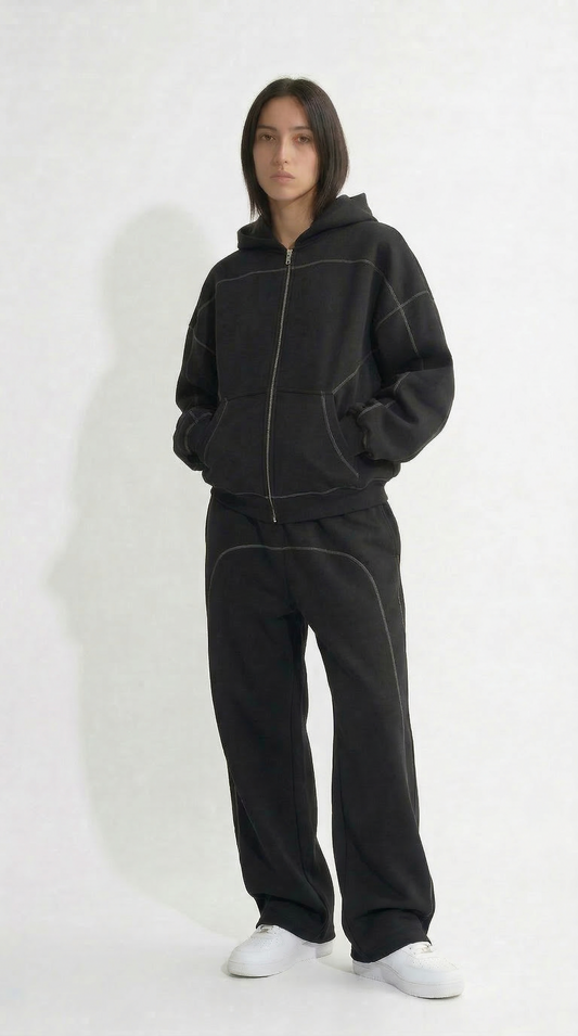 Contrast-Stitched Boxy Fleece Zip Hoodie